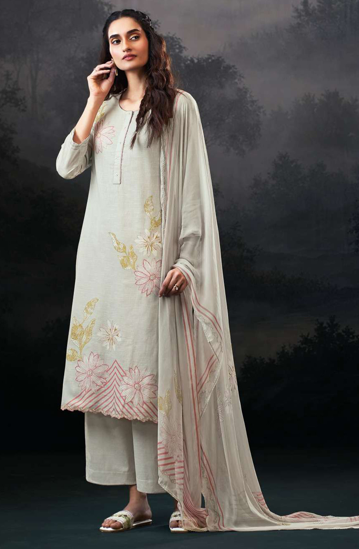Grey premium cotton linen Unstitched Suit Set with Dupatta - ALVS4507C