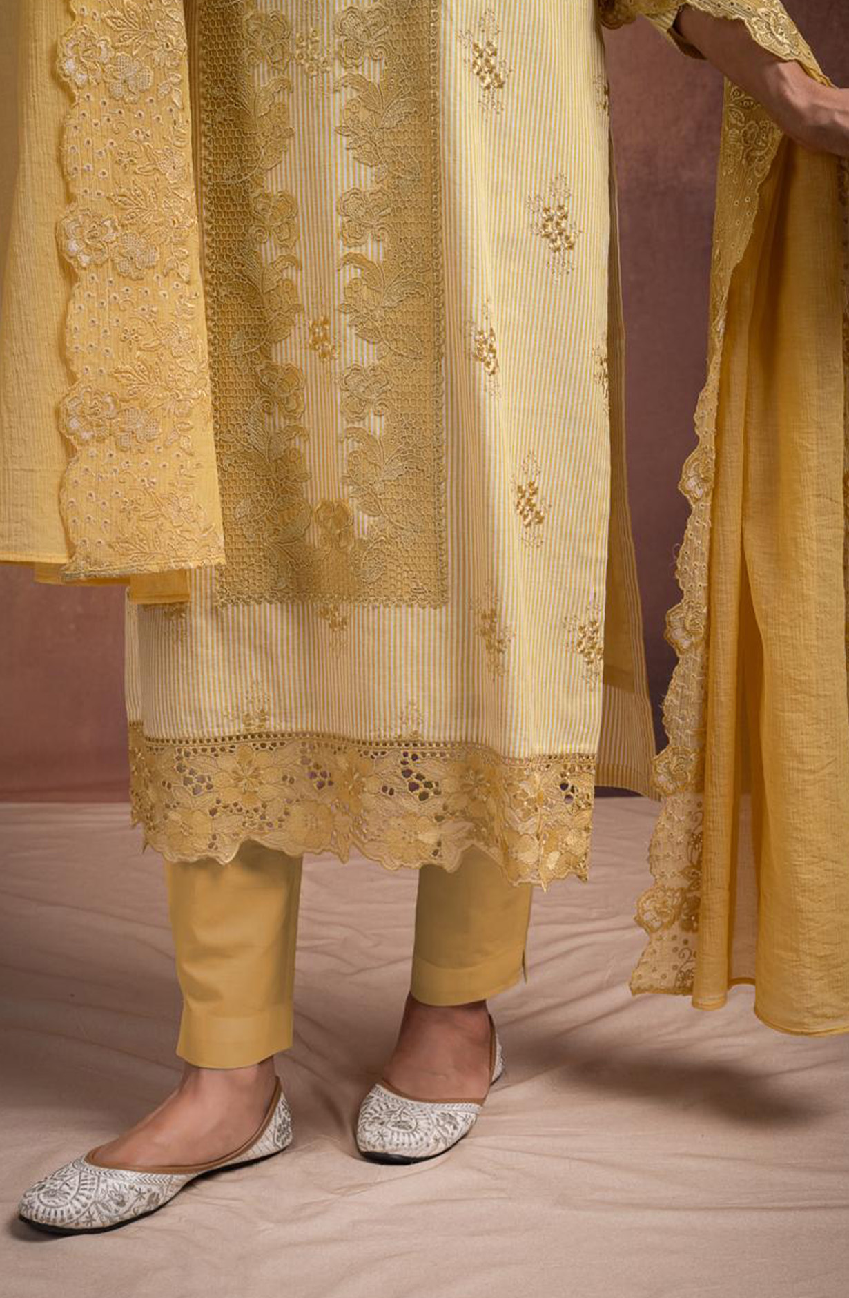 Yellow Pure Cotton Handloom Embroidered Suit Set with Dupatta - ANTNSF137A