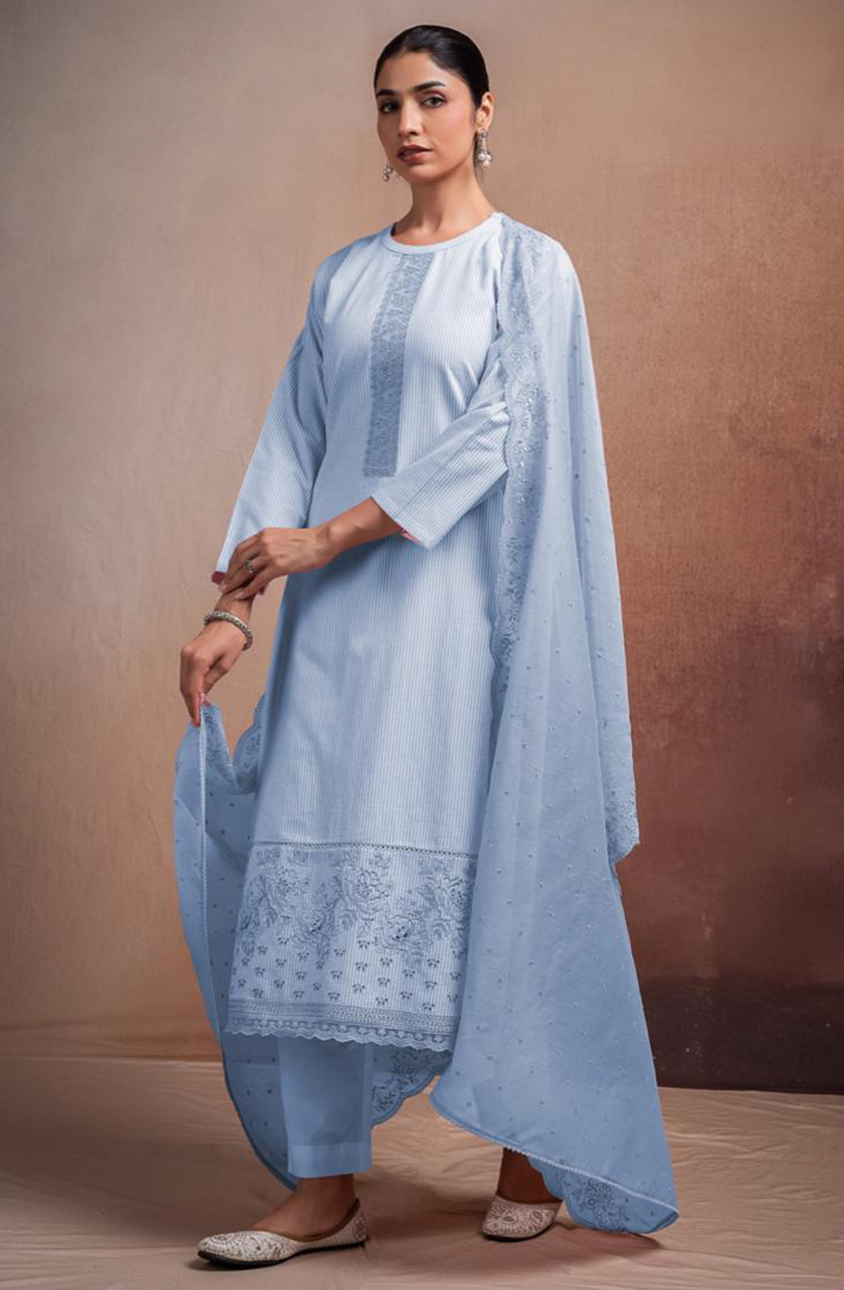 Blue Pure Cotton Handloom Embroidered Suit Set with Dupatta - ANTNSF136B