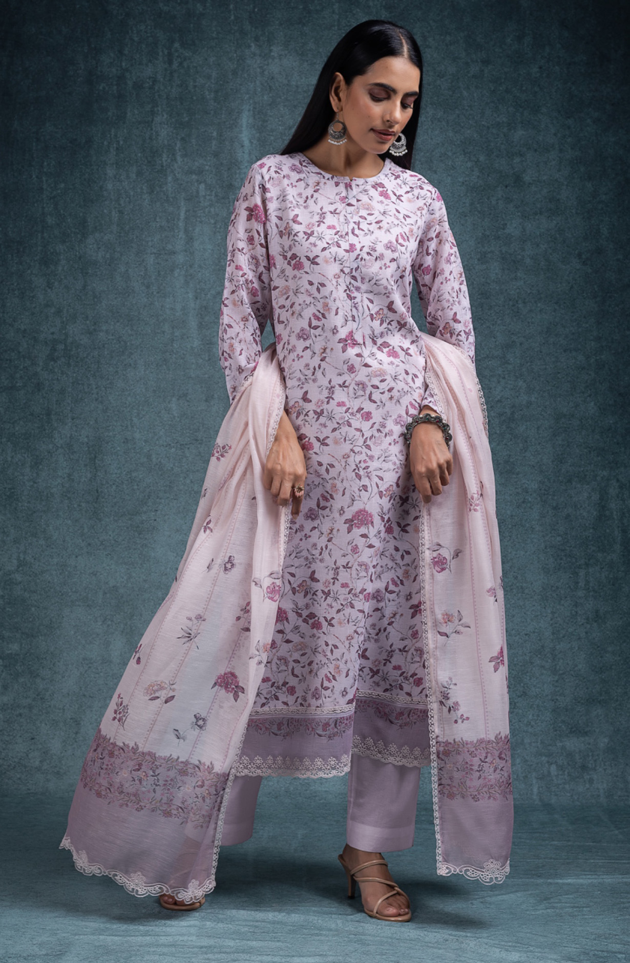 Pink Linen beautiful Suit Set with Dupatta - INRNSP107B