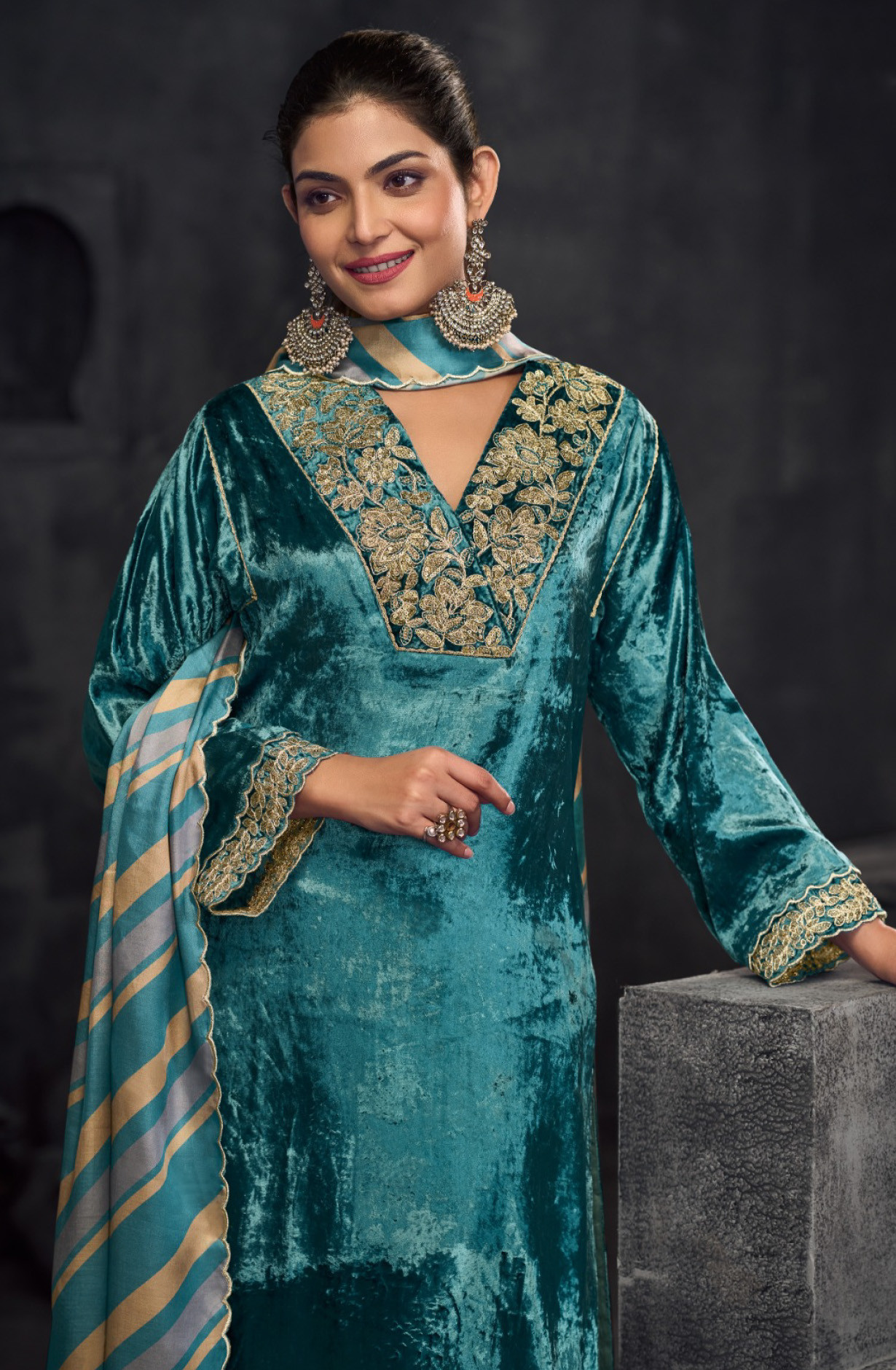 Blue Pure viscose velvet Suit set with Dupatta- PAN746