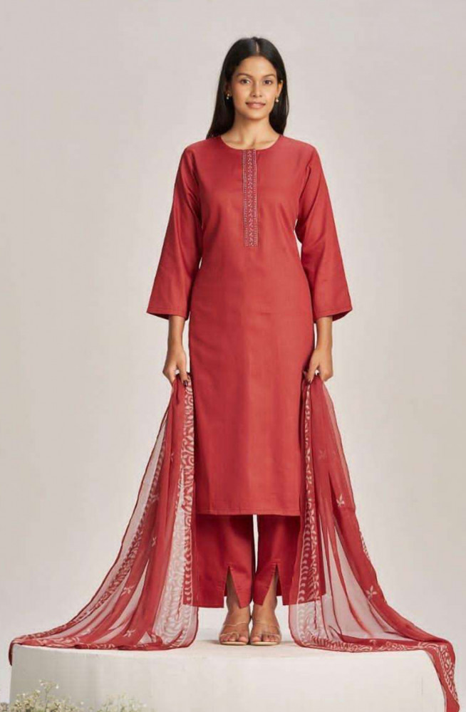 Image of Rust Premium Cotton Satin Unstitched Suit Set with Beautiful Dupatta - GABS4877D