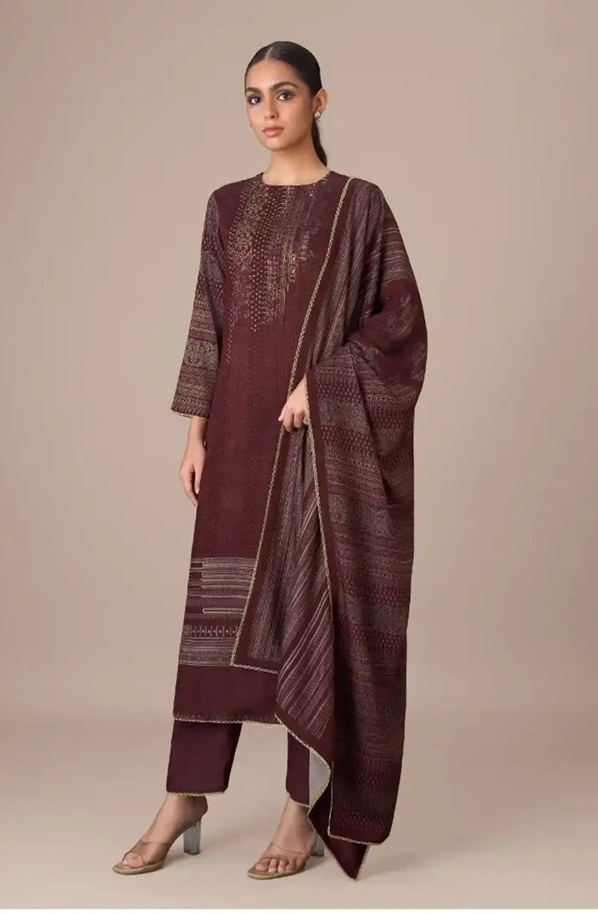 Wine Pashmina Digital Printed Suit with Dupatta - CLA8661B