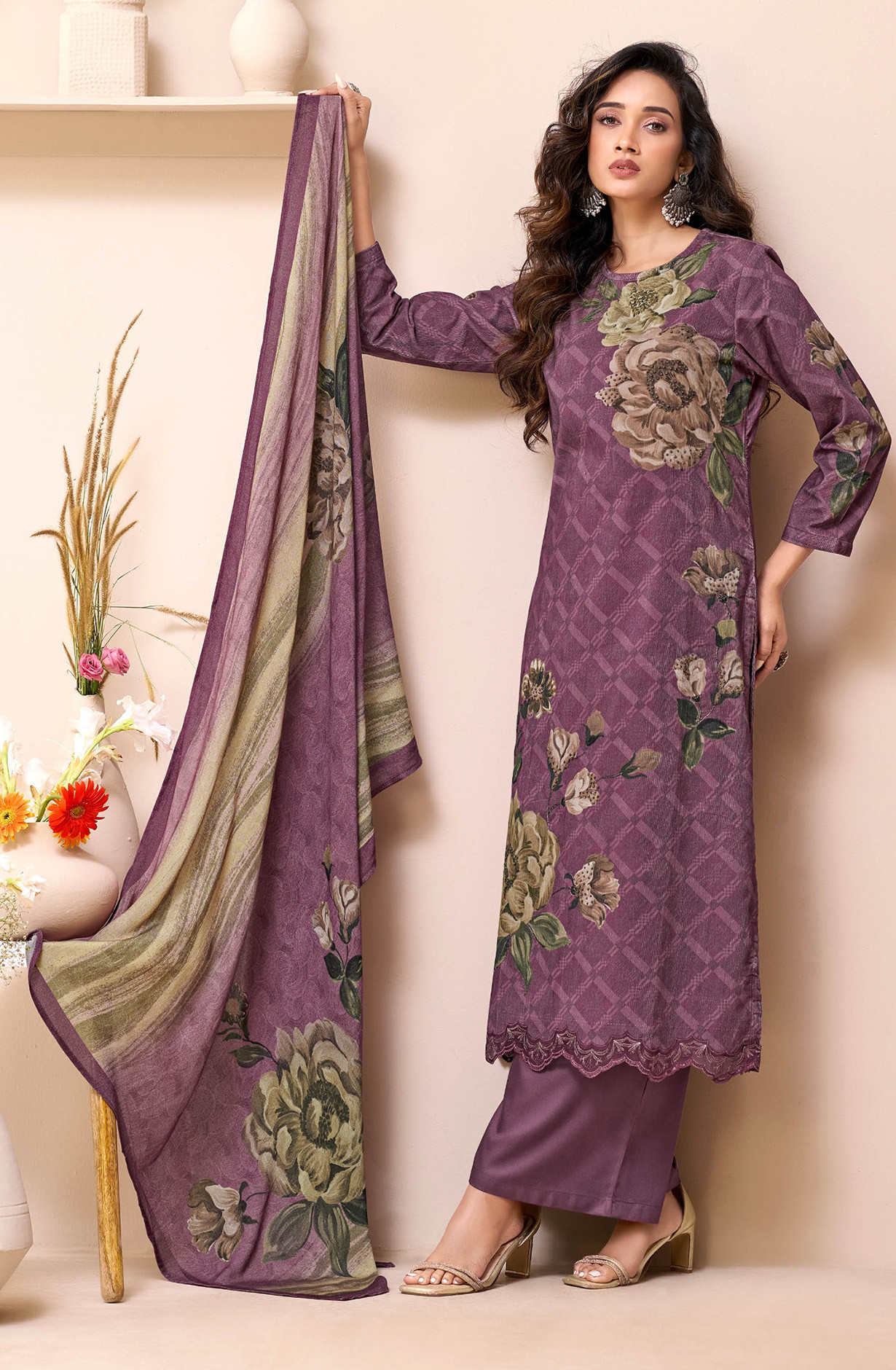Purple pure corduroy Suit set with Dupatta- ROS721