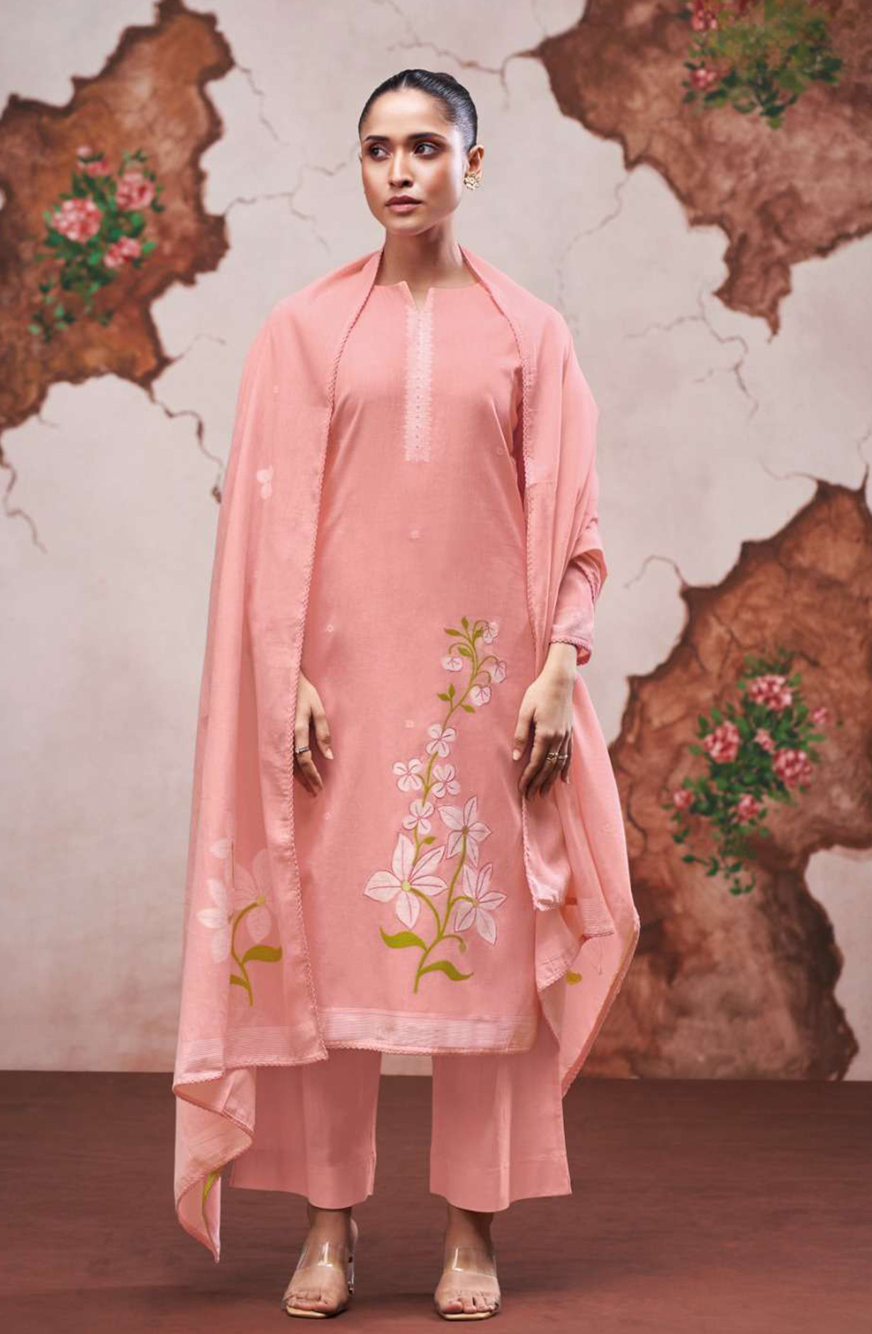 Peach Premium cotton jacquard Unstitched Suit Set with Dupatta - PIYS4775C