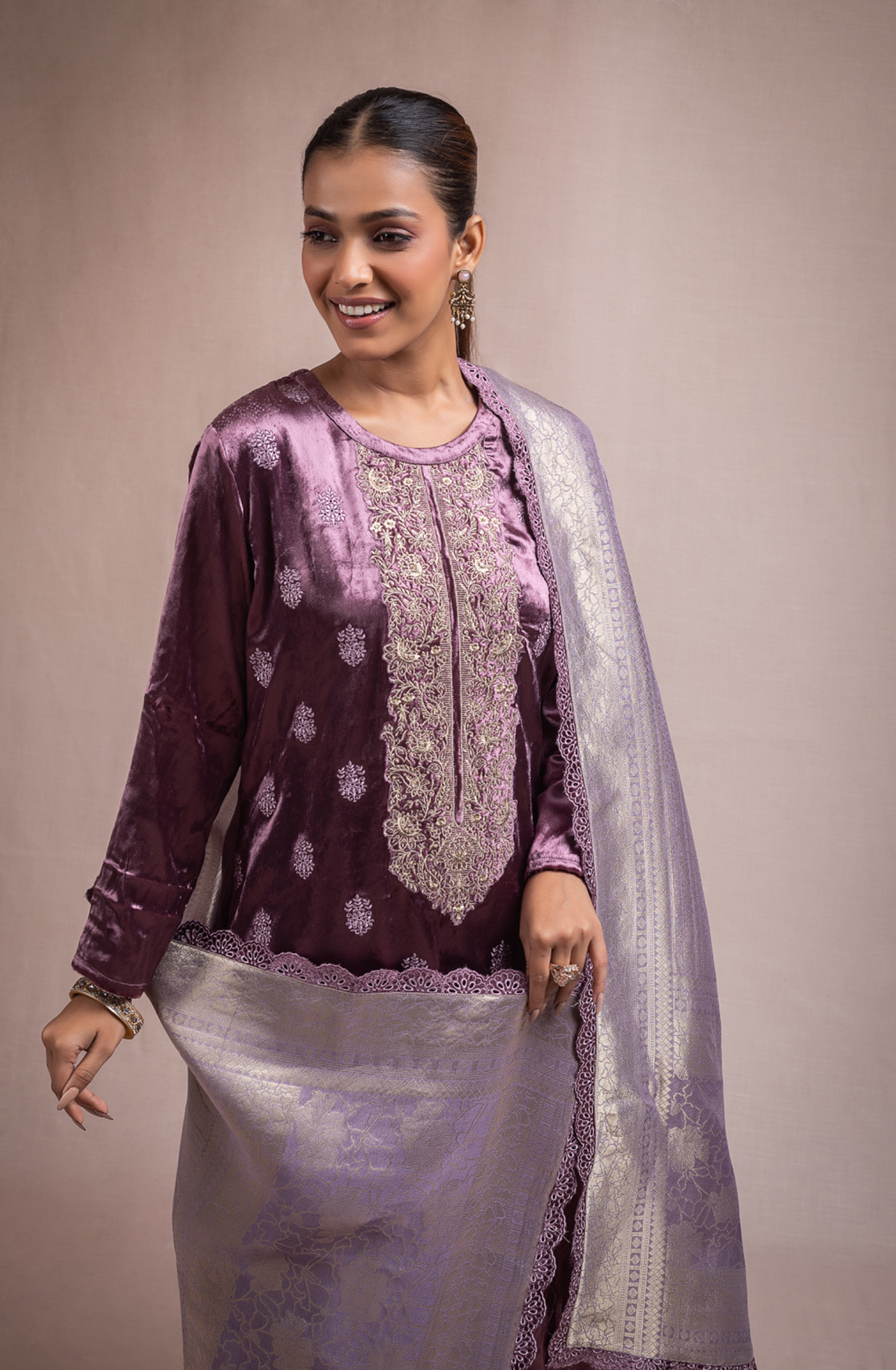 Purple Pure Velvet Suit Set with Beautiful Dupatta - KAA2117B