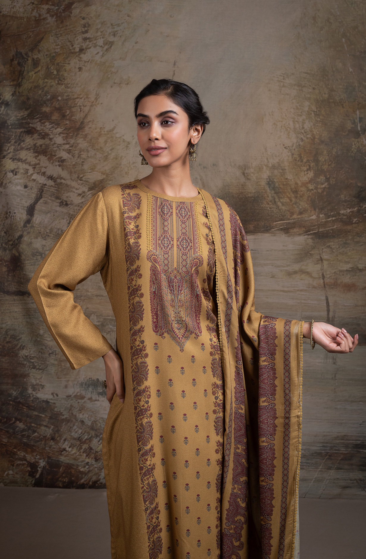 Mustard Pashmina Digital Printed Suit Set with Dupatta - QAA2130A