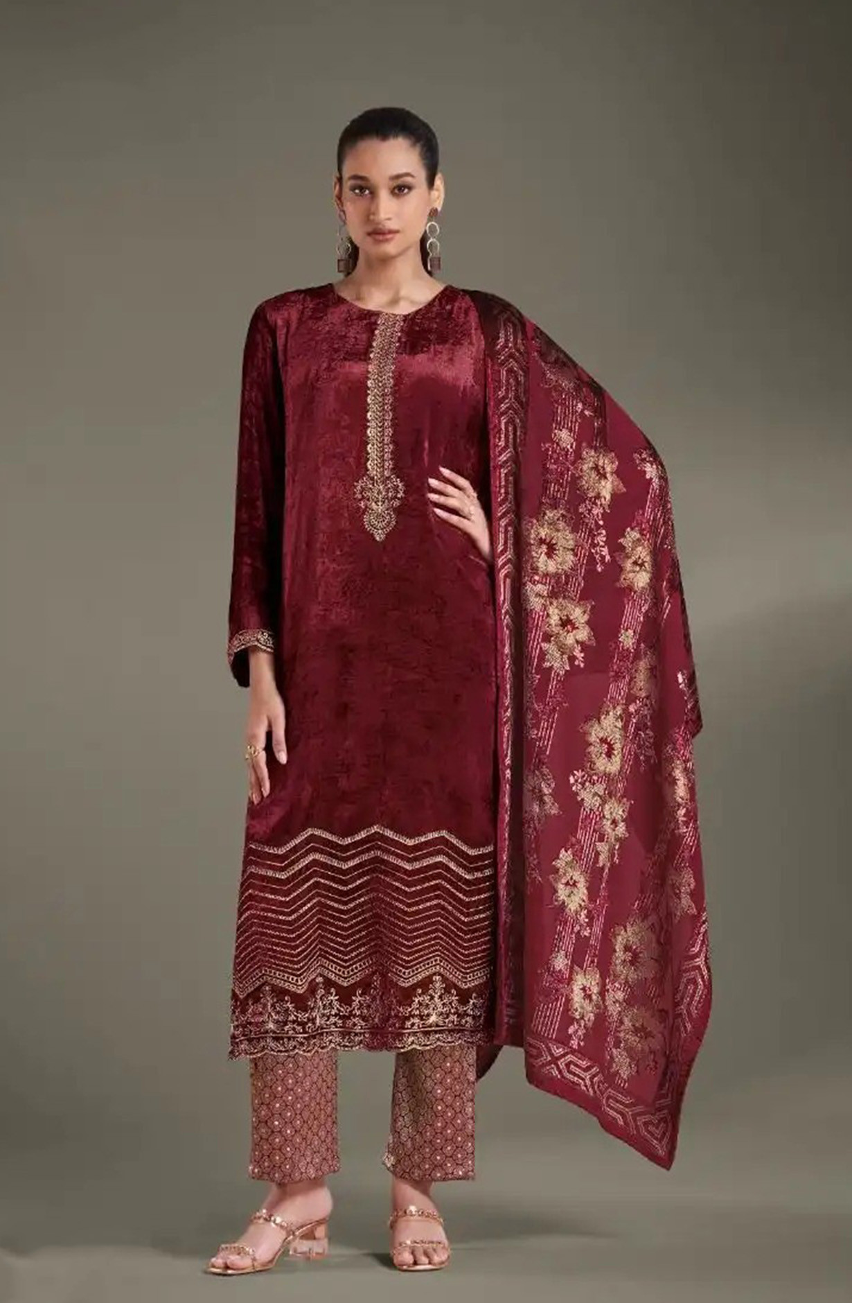 Red Pure Viscose Velvet Suit with Dupatta - RIT8861A