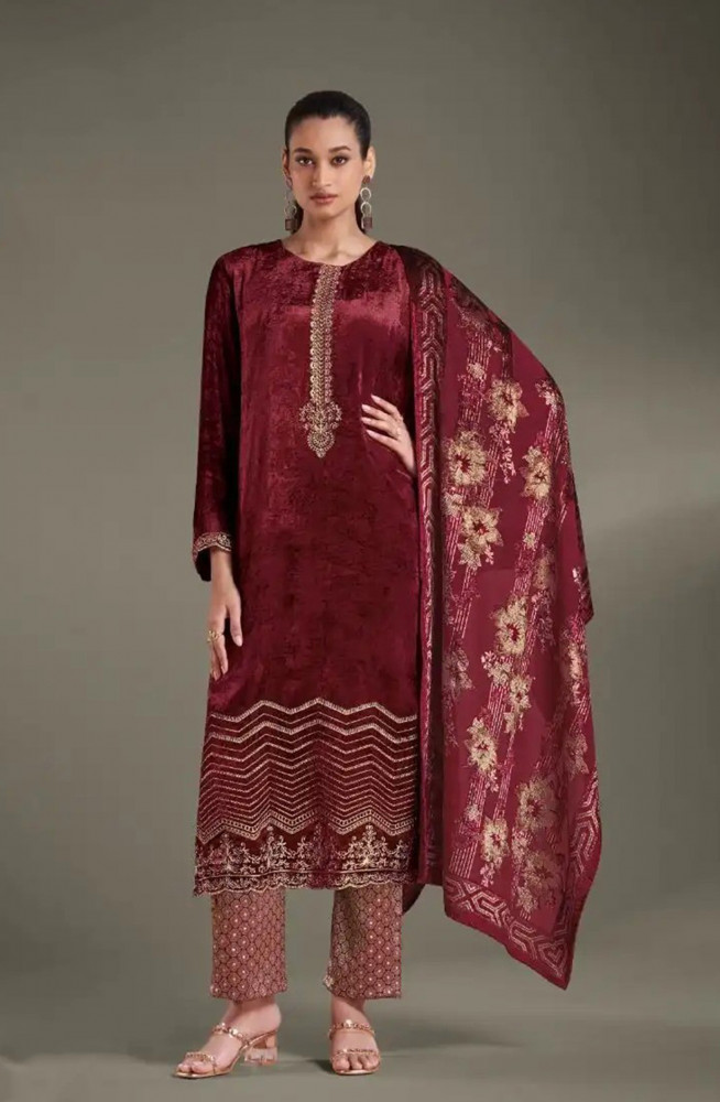 Image of Red Pure Viscose Velvet Suit with Dupatta - RIT8861A