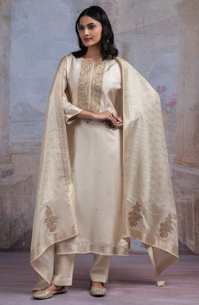 Image of Beige Silk Suit Set with Dupatta - R157-SPR2542A