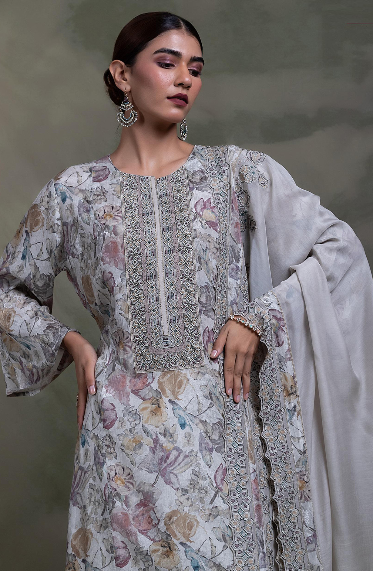 Grey printed Muslin Embroidered Suit Set with Dupatta - R157-SPR2331A
