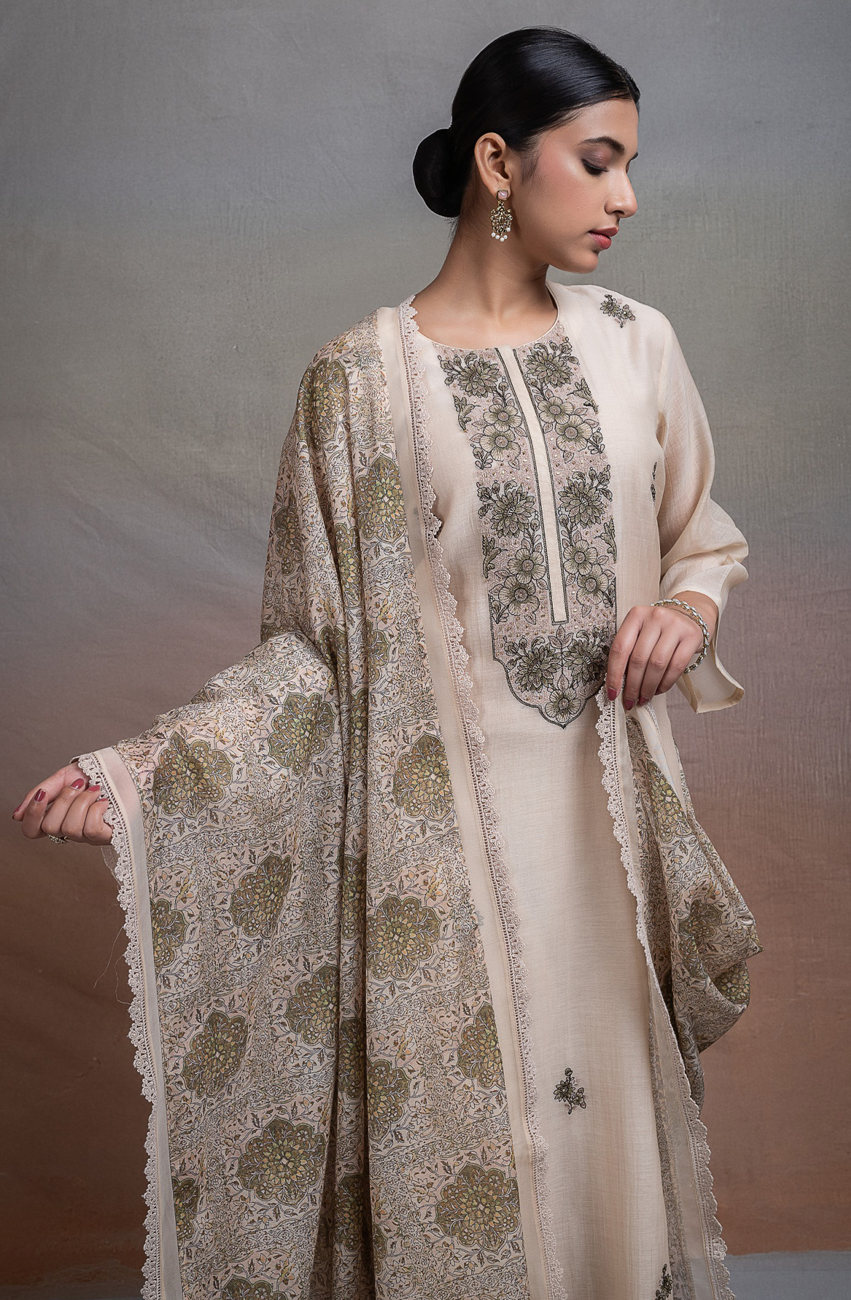 Beige Pure mul chanderi Suit Set with Dupatta - R157-SPR2664