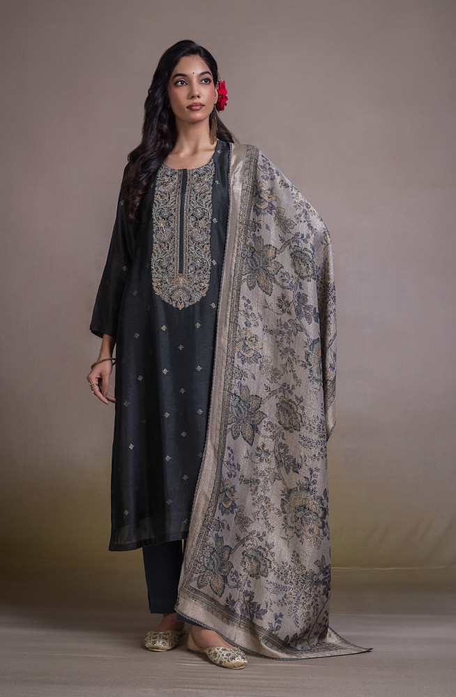 Image of Bottle Green Pure silk Unstitched Suit Set with Beautiful Dupatta - VAHNSK145A