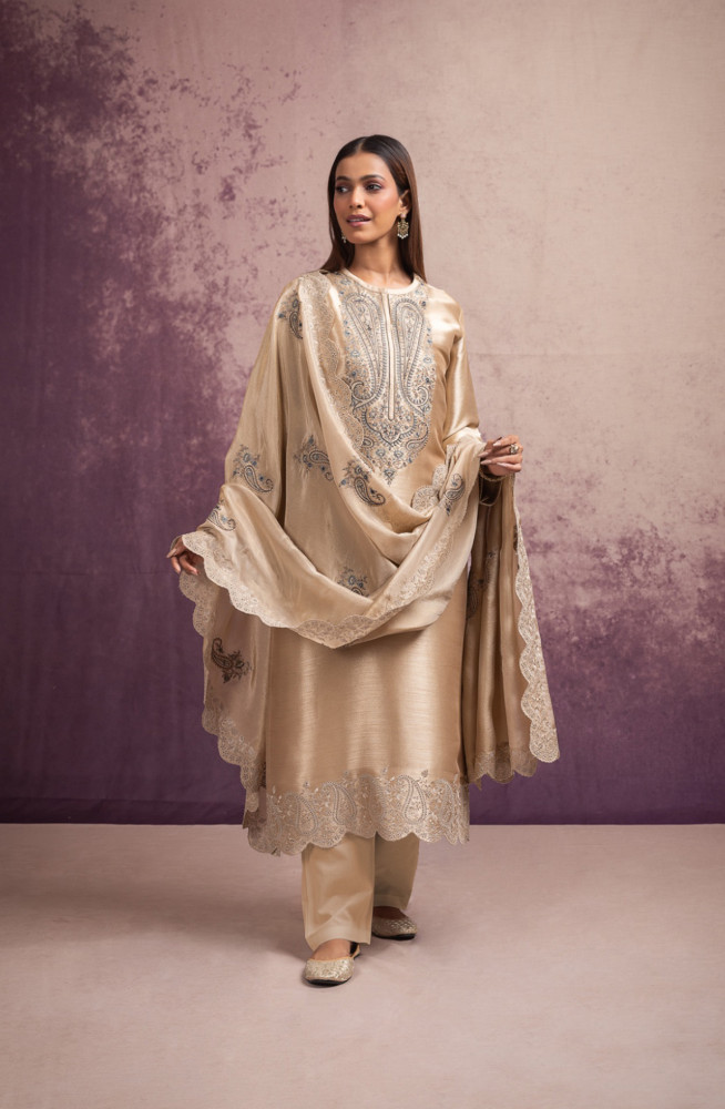 Image of Beige Ziraf Silk Suit with Beautiful Tissue Silk Dupatta - VOR2011A