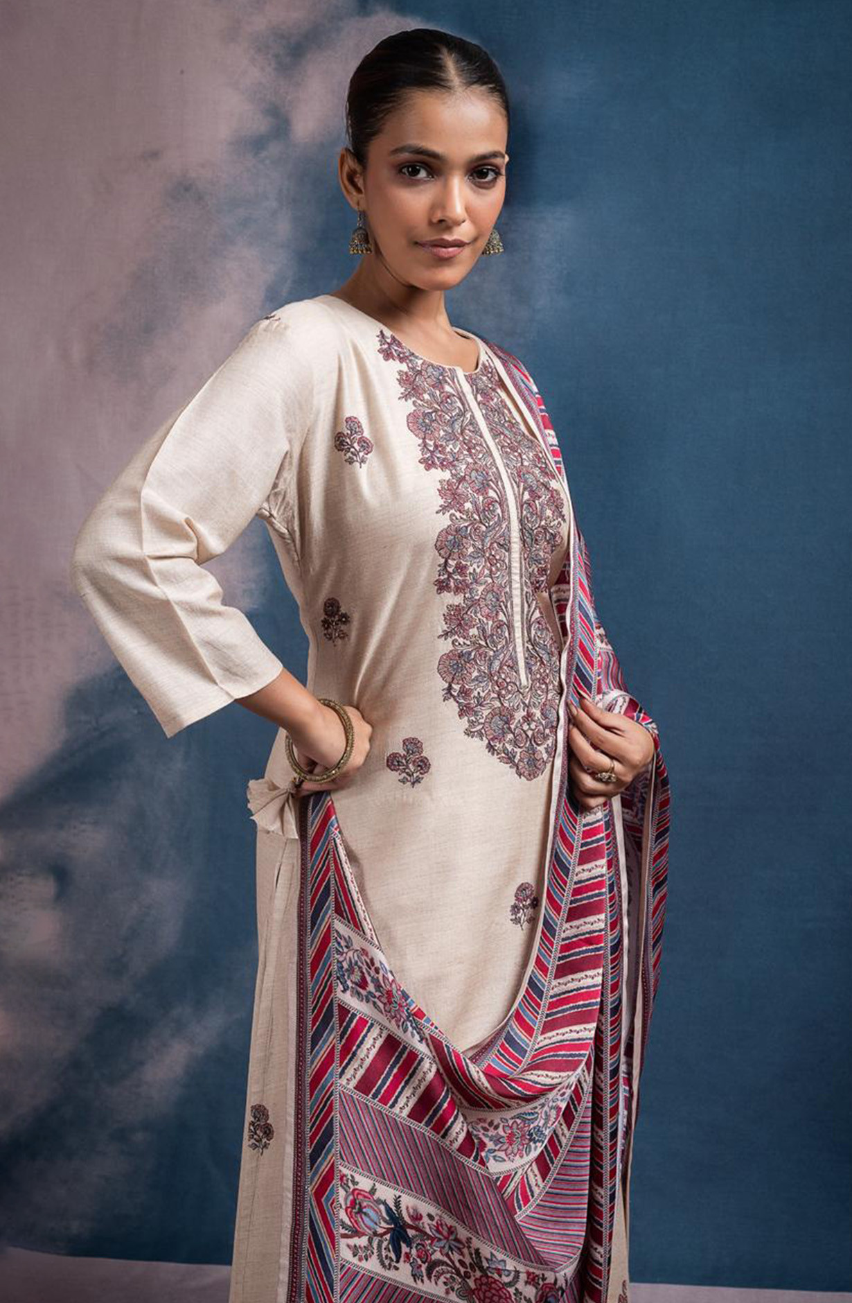 Off - White Monga Tussar Silk Suit with Red Dupatta - R157-SPR2493