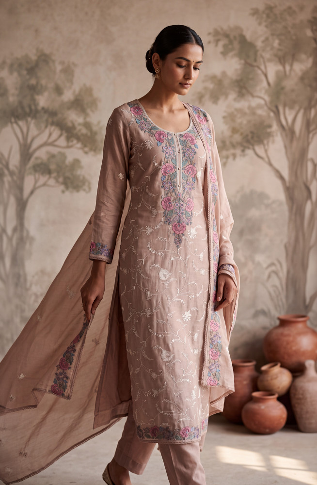 Image of Brown Mul Chanderi Unstitched Suit Set with Beautiful Dupatta - 752-9073