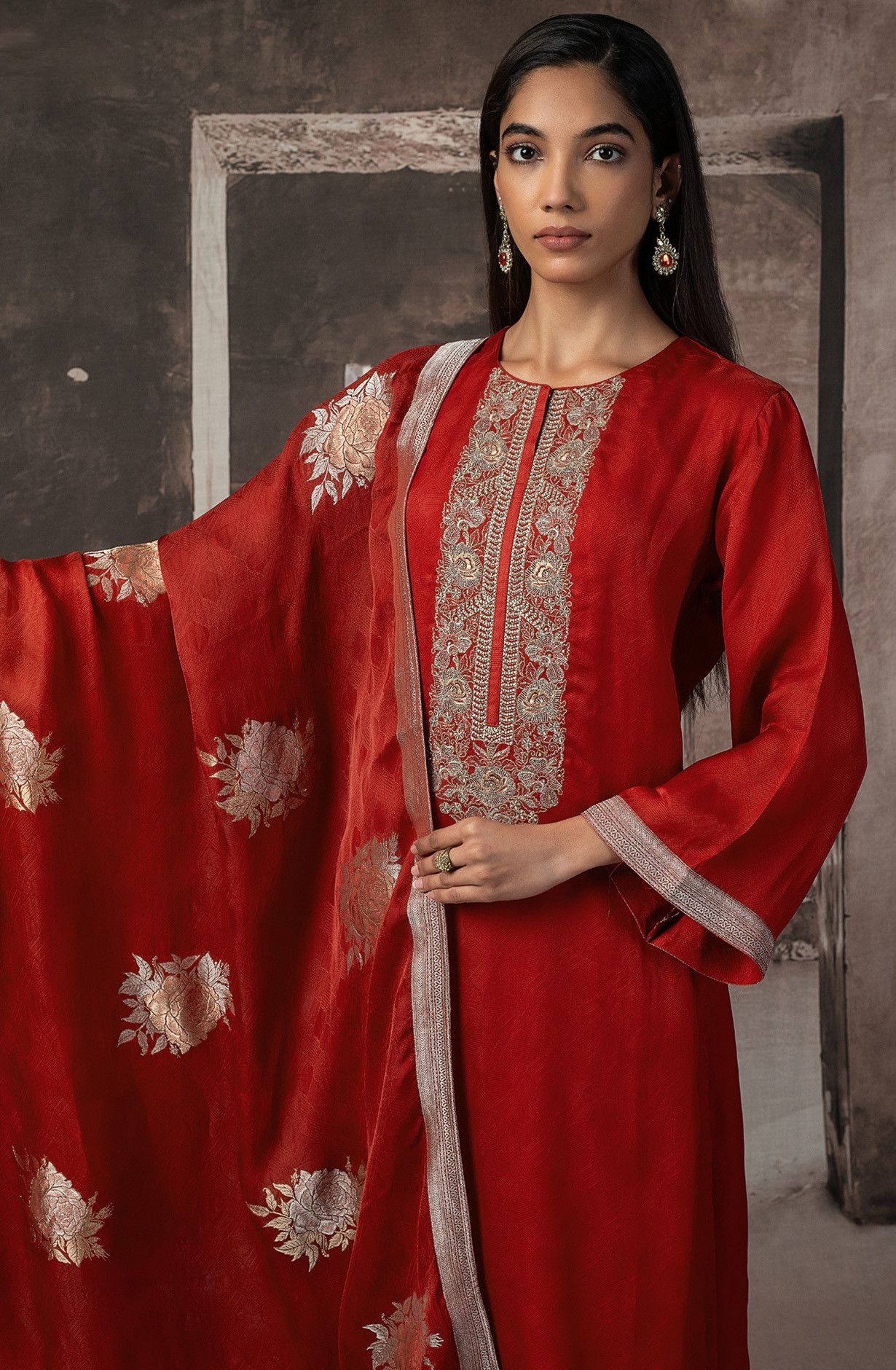 Red Silk Jacquard Suit Set with Silk Dupatta - R157-SPR2534B
