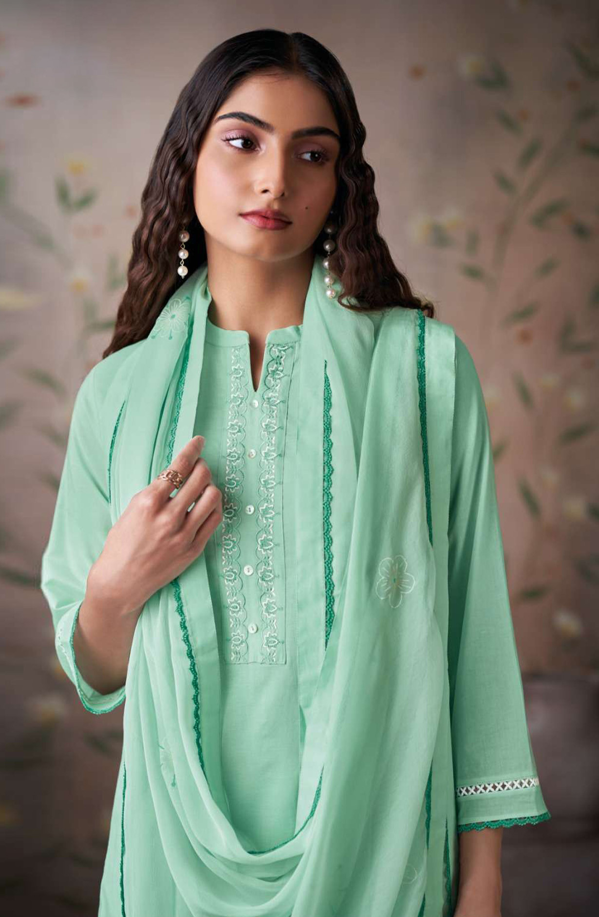Green premium cotton Unstitched Suit Set with Dupatta - MELS4531C