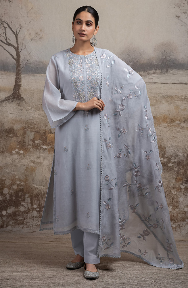 Image of Blue Pure mul chanderi Suit Set with Dupatta - R157-SPR2591A