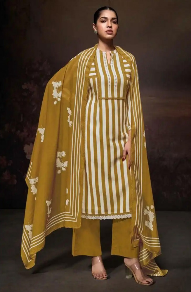 Image of Mustard premium cotton linen Unstitched Suit Set with Dupatta - ZIAS3685D