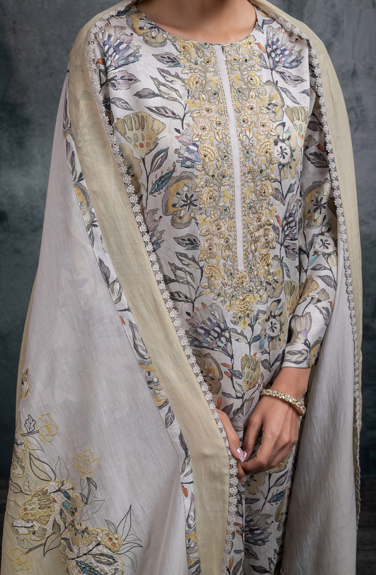 Grey printed Muslin Embroidered Suit Set with Dupatta - R157-SPR2222