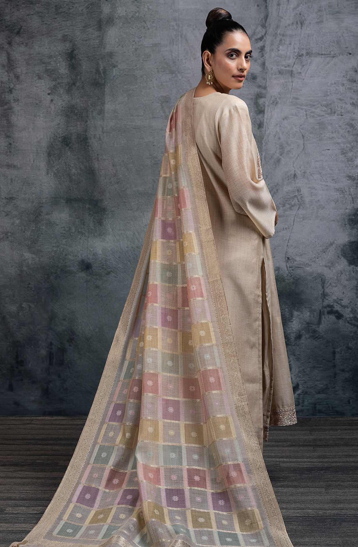 Fawn Mul chanderi Embroidered Suit Set with Dupatta - R157-SPR2631