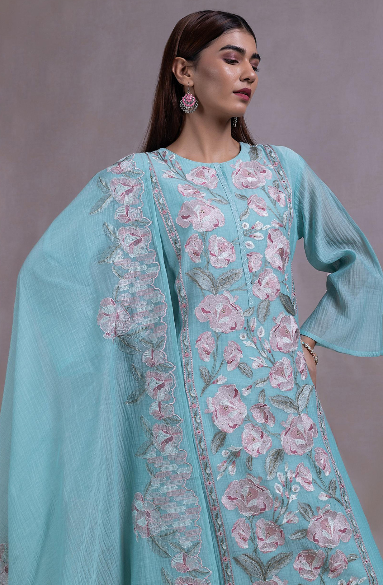 Blue Mul chanderi Embroidered Suit Set with Dupatta - R157-SPR2316A