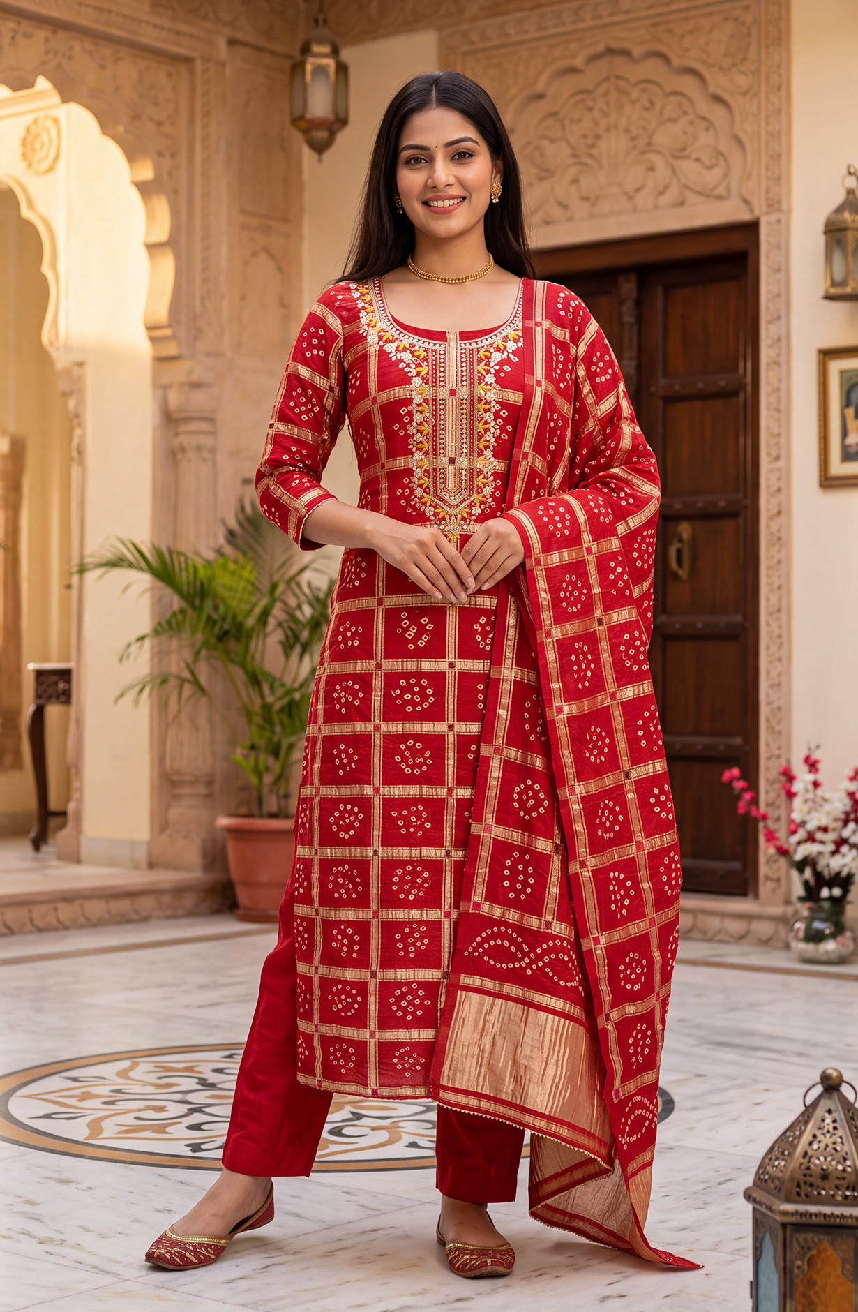 Red Bandhani Unstitched Suit-Set with Beautiful Heavy Dupatta - 691-CH1578B