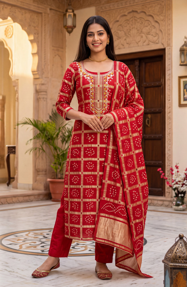 Image of Red Bandhani Unstitched Suit-Set with Beautiful Heavy Dupatta - 691-CH1578B