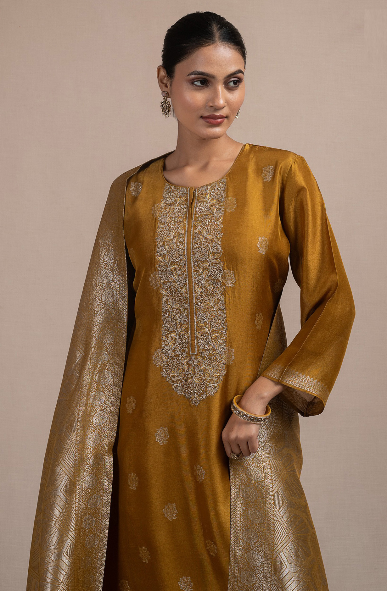 Mustard Silk Jacquard Suit Set with Silk Dupatta - R157-SPR2536B