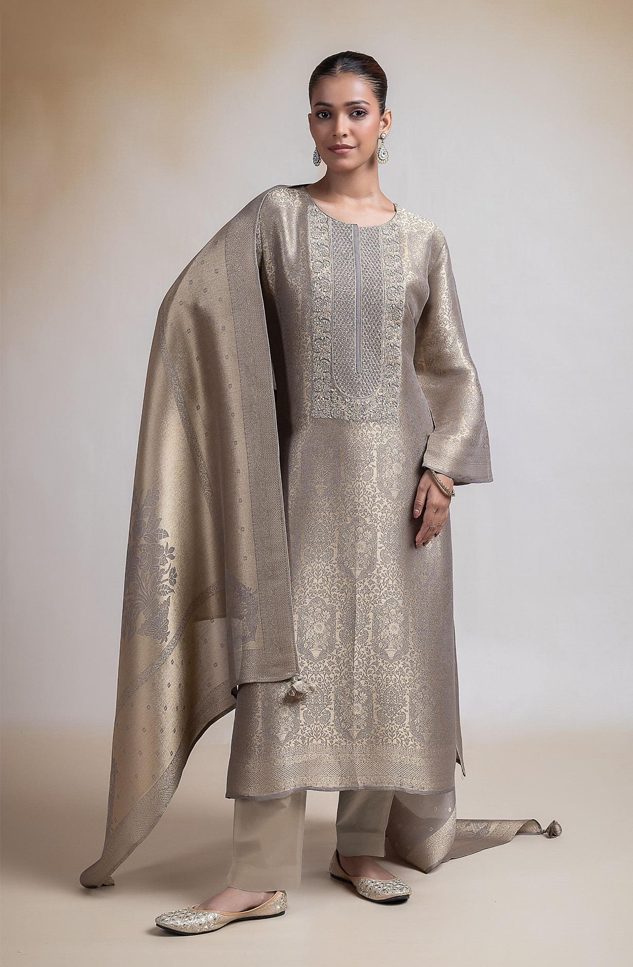 Green Silk Tissue Jacquard Unstitched Suit with Beautiful Silk Tissue Dupatta- R157-SPR2387A