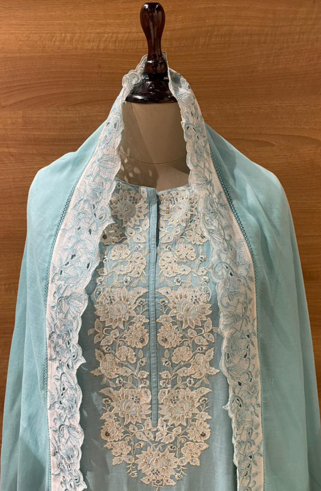 Image of Blue Pure Mul Chanderi Embroidered Beautiful Suit Set with Dupatta - R157-SPR2594A