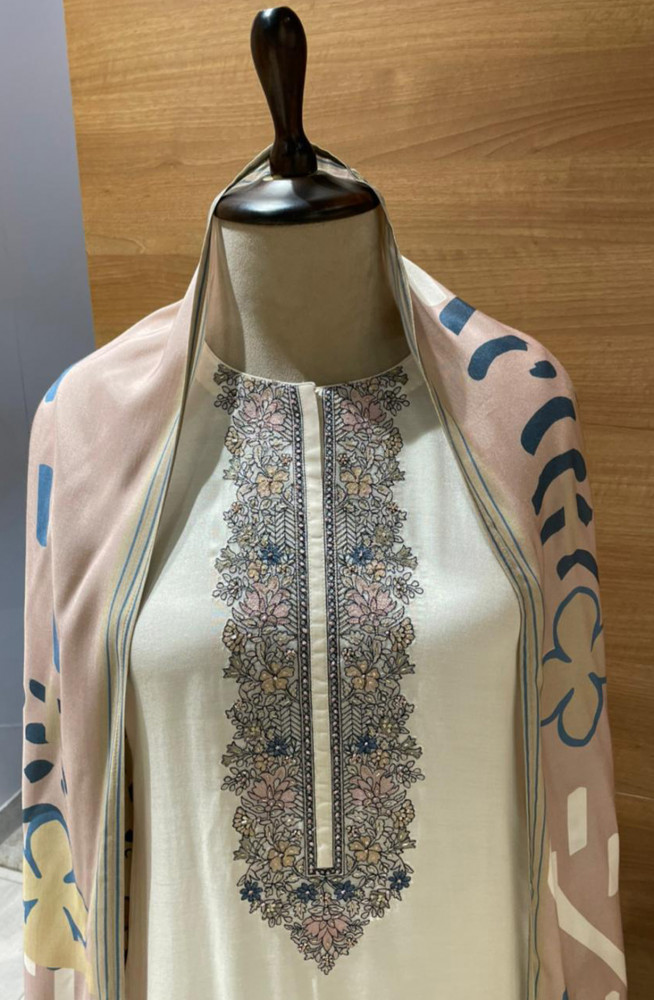 Image of Cream Feather Muslin Printed Beautiful Suit Set with Dupatta - R157-SPR2638A