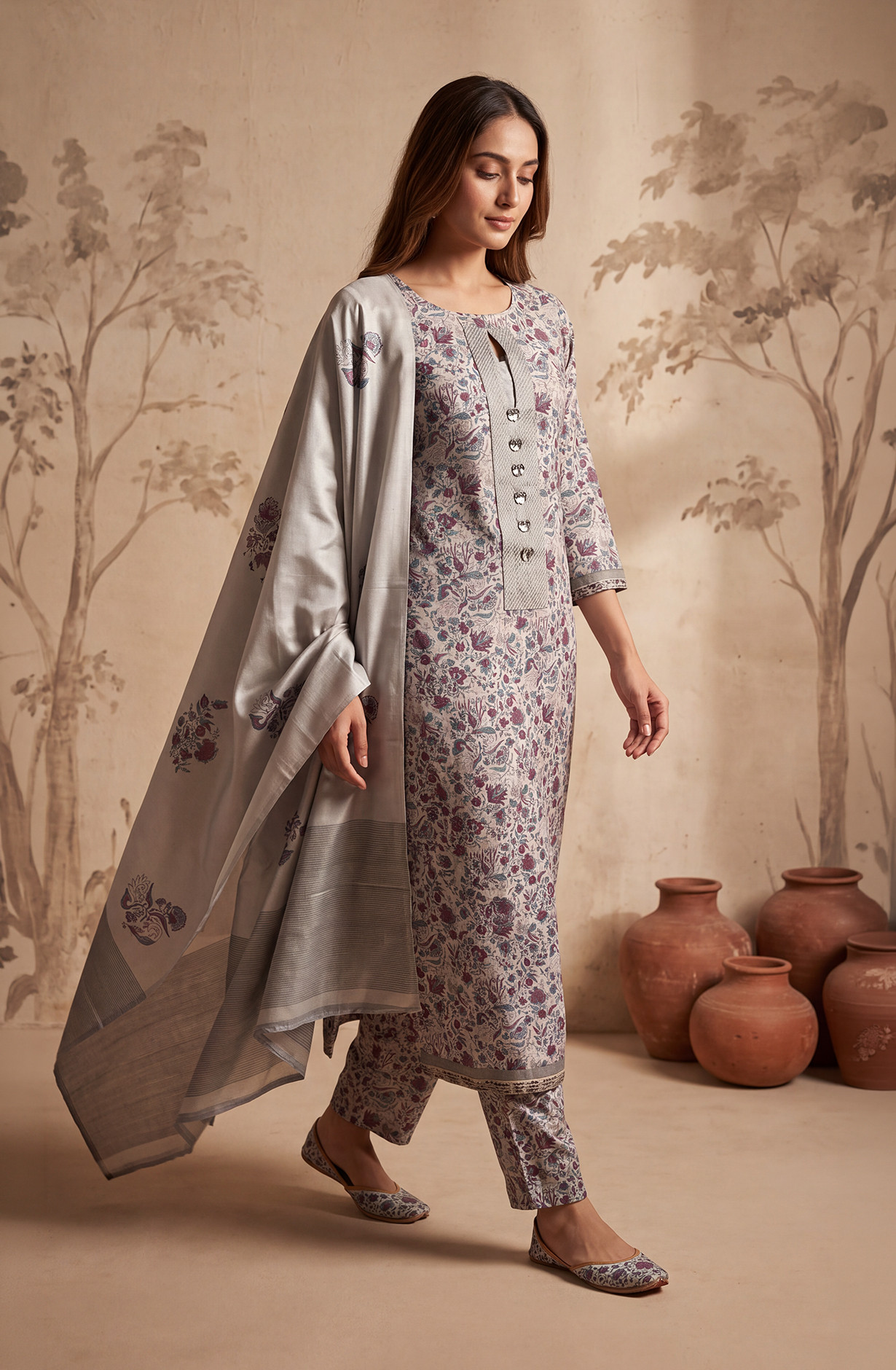 Grey Satin Silk Unstitched Suit Set with Beautiful Satin Silk Dupatta - 972-WETSL1101-1A