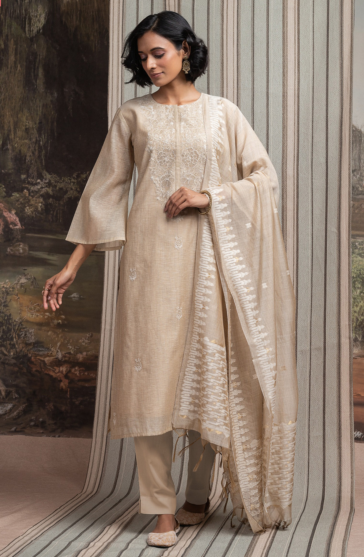 Fawn Jamdani Beautiful Unstitch Suit Set with Dupatta - R157-SPR2612