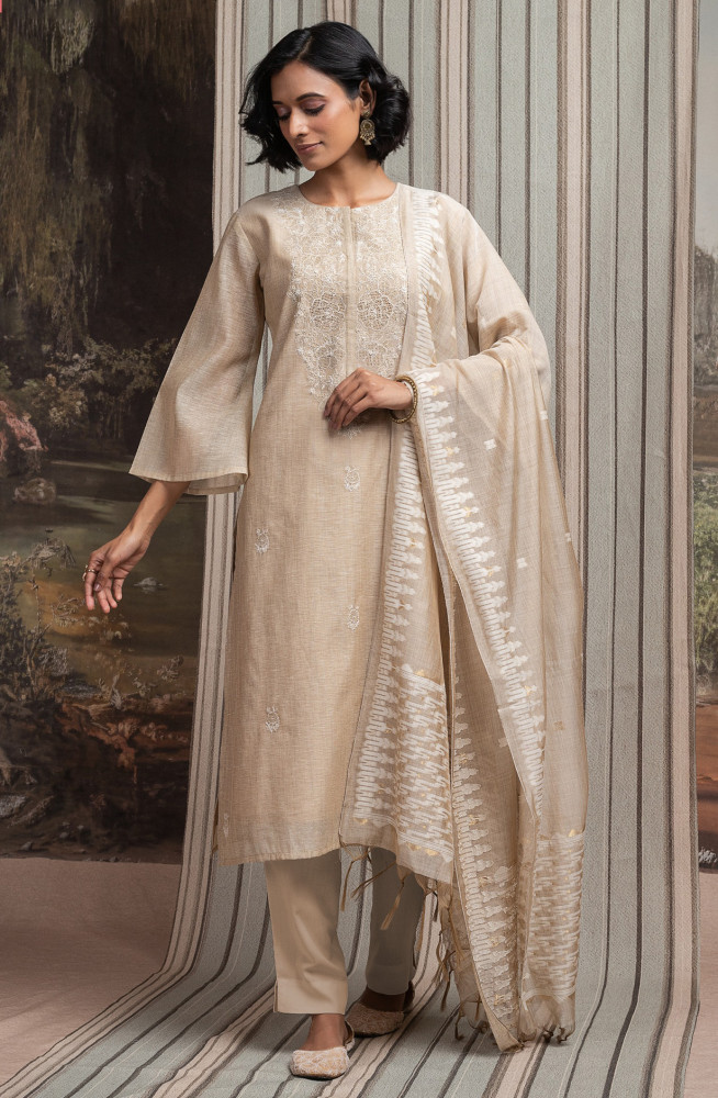 Image of Fawn Jamdani Beautiful Unstitch Suit Set with Dupatta - R157-SPR2612