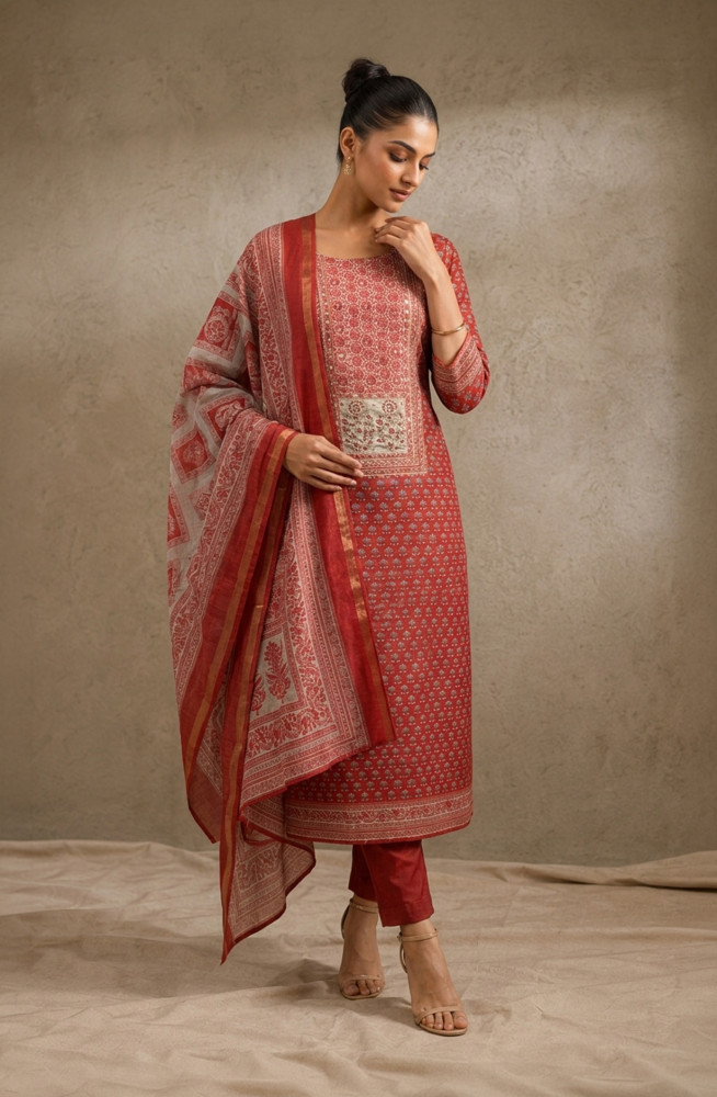 Image of Rust Silk Unstitched Suit Set with Beautiful Dupatta - 944-1377