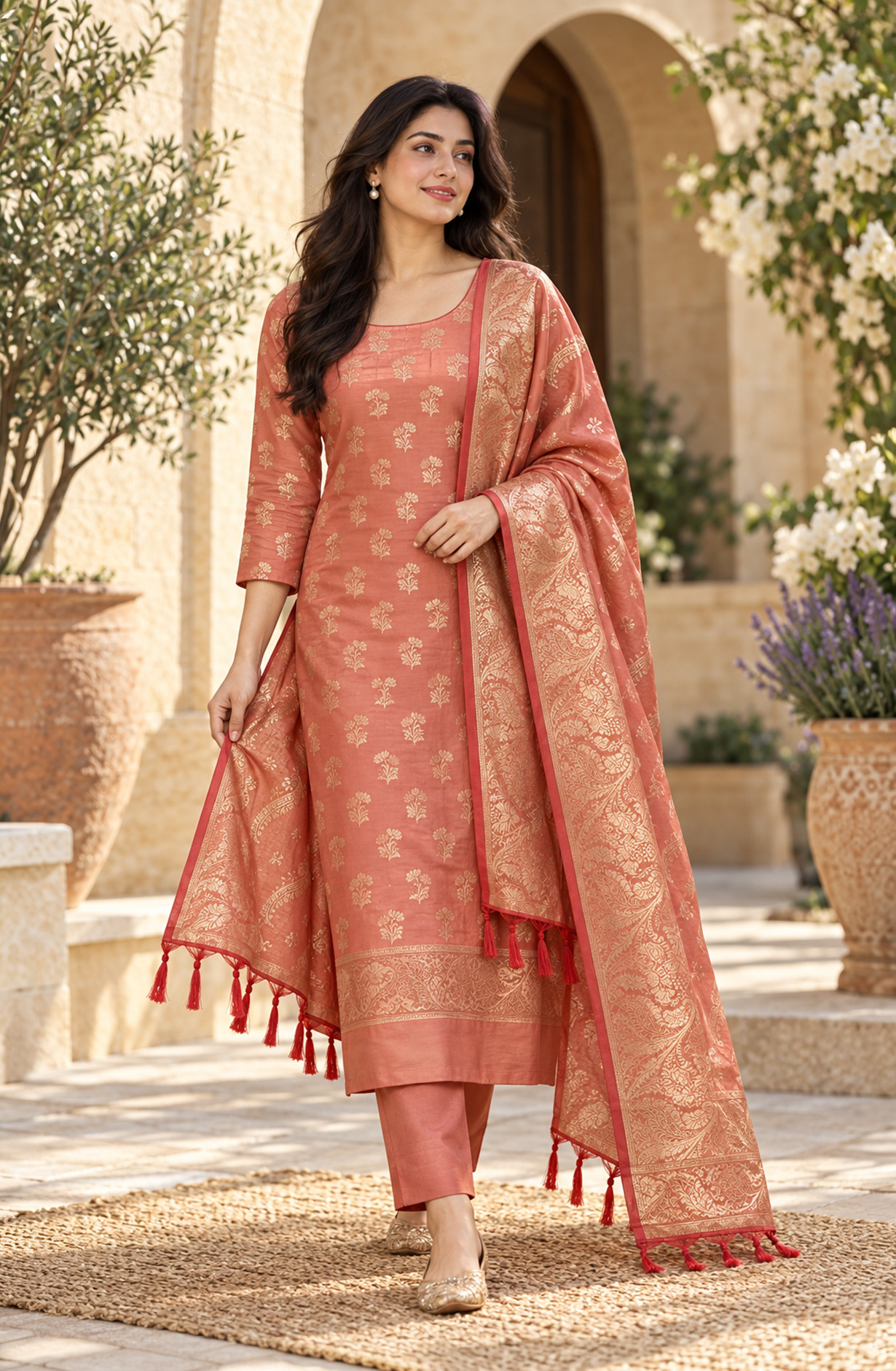 Peach Chanderi Silk Unstitched Suit-Set with Beautiful Dupatta - SVACHN1312-1F
