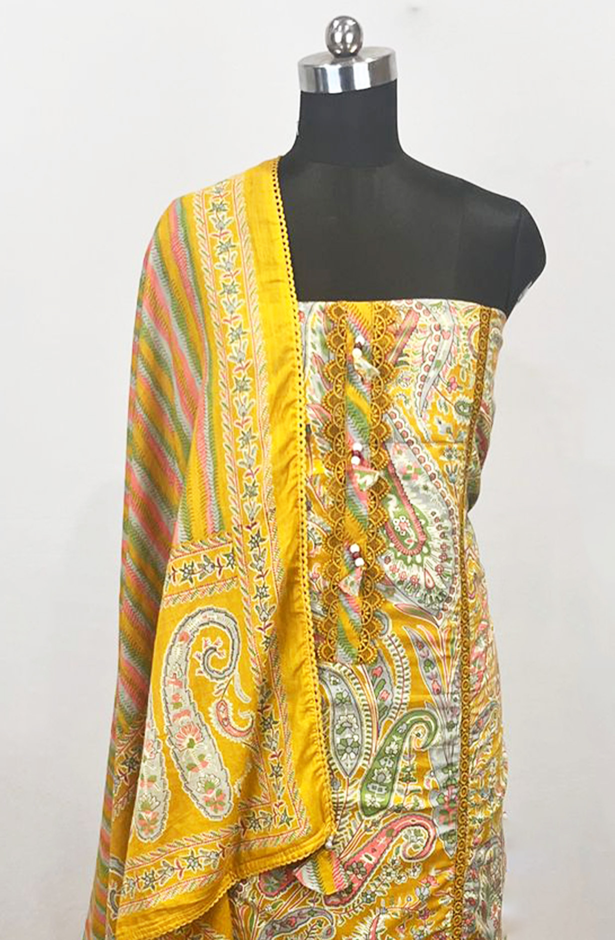Yellow Printed Cotton Unstitched Suit Set with Dupatta - 131-KE1510A