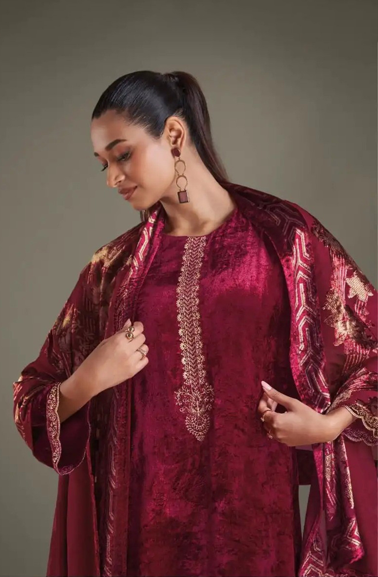 Red Pure Viscose Velvet Suit with Dupatta - RIT8861A