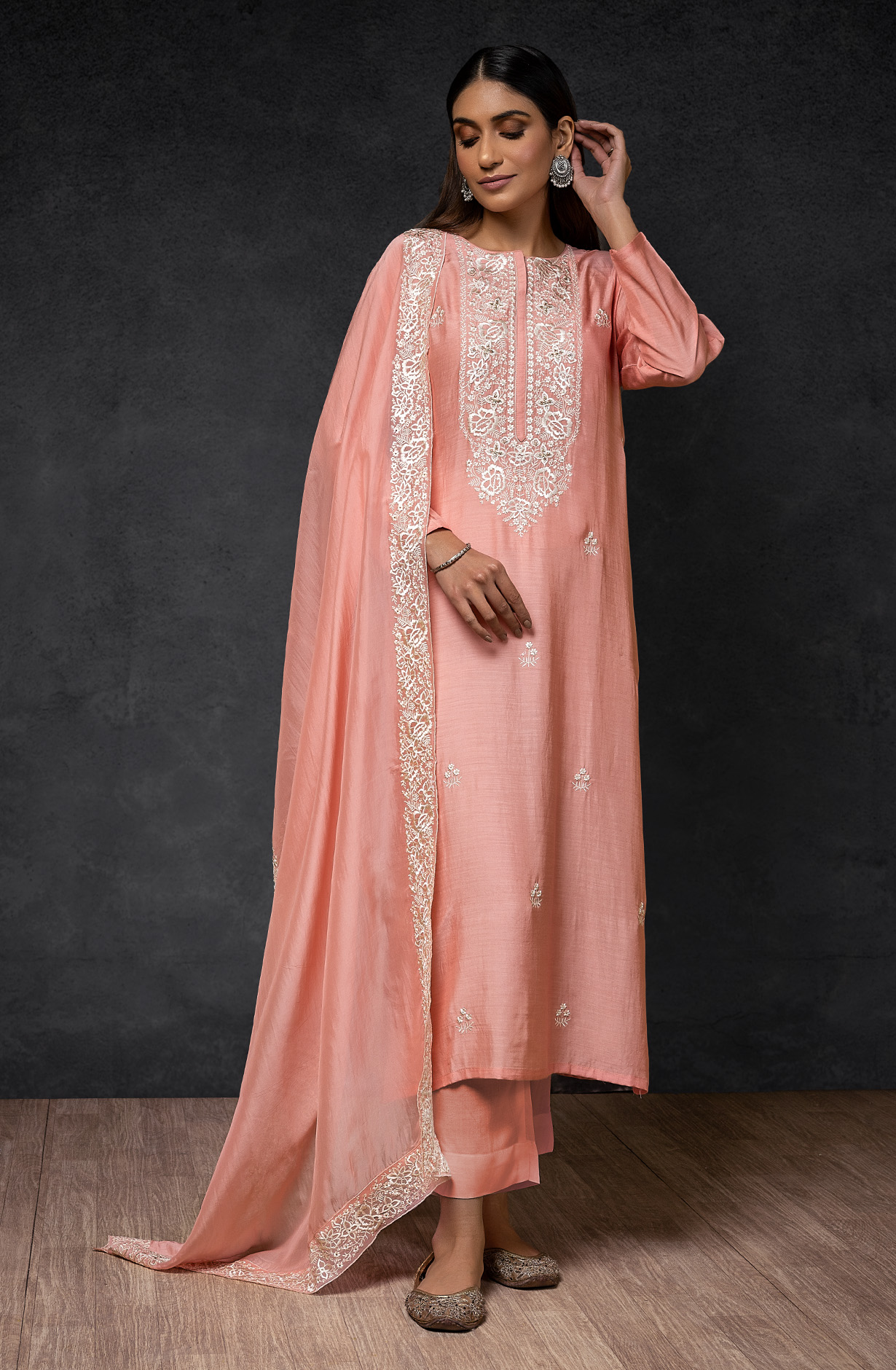 Peach Muslin Exclusive Embroidered Suit with Organza Dupatta - R157-SPR1394C