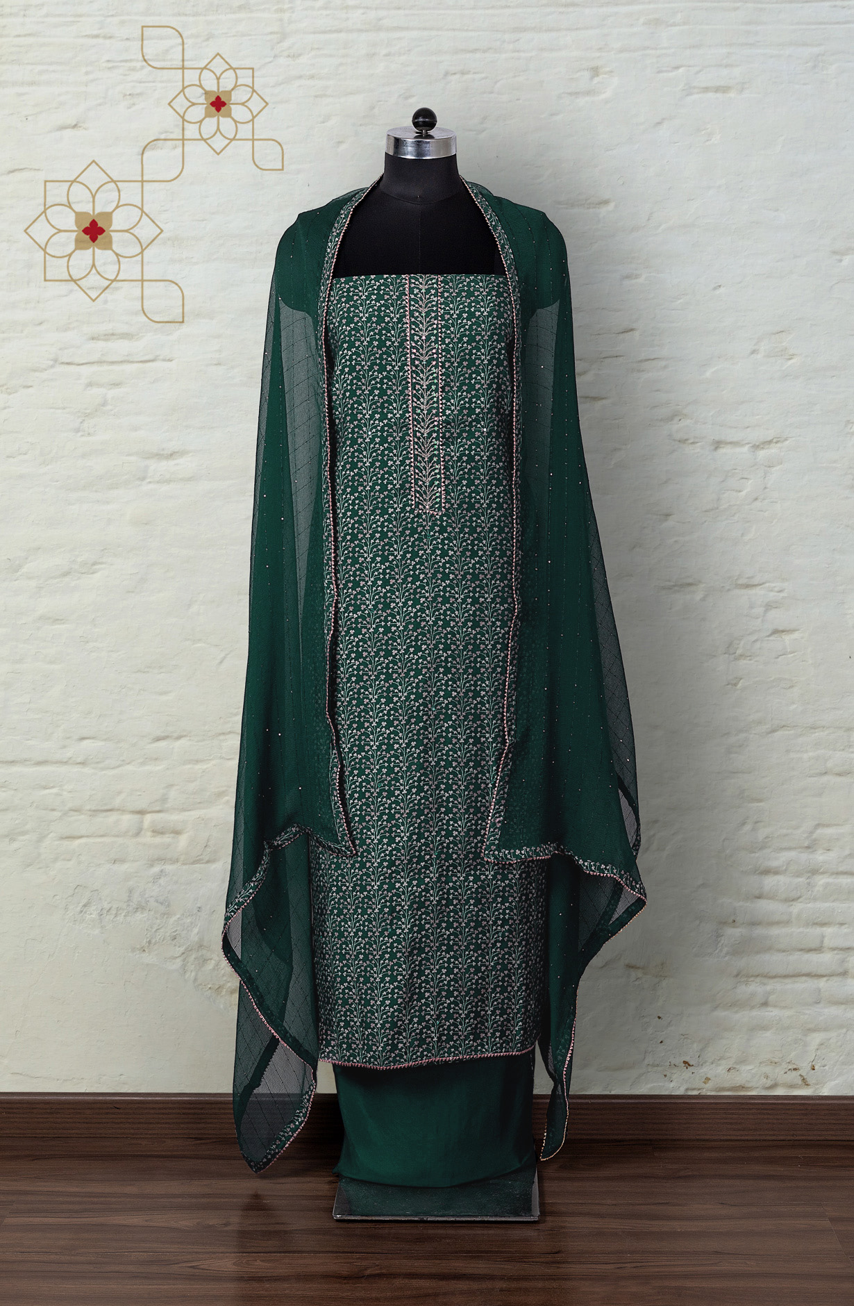 Bottle Green Modal Silk Digital Printed Suit with Chiffon Dupatta - 912-YRT09713A