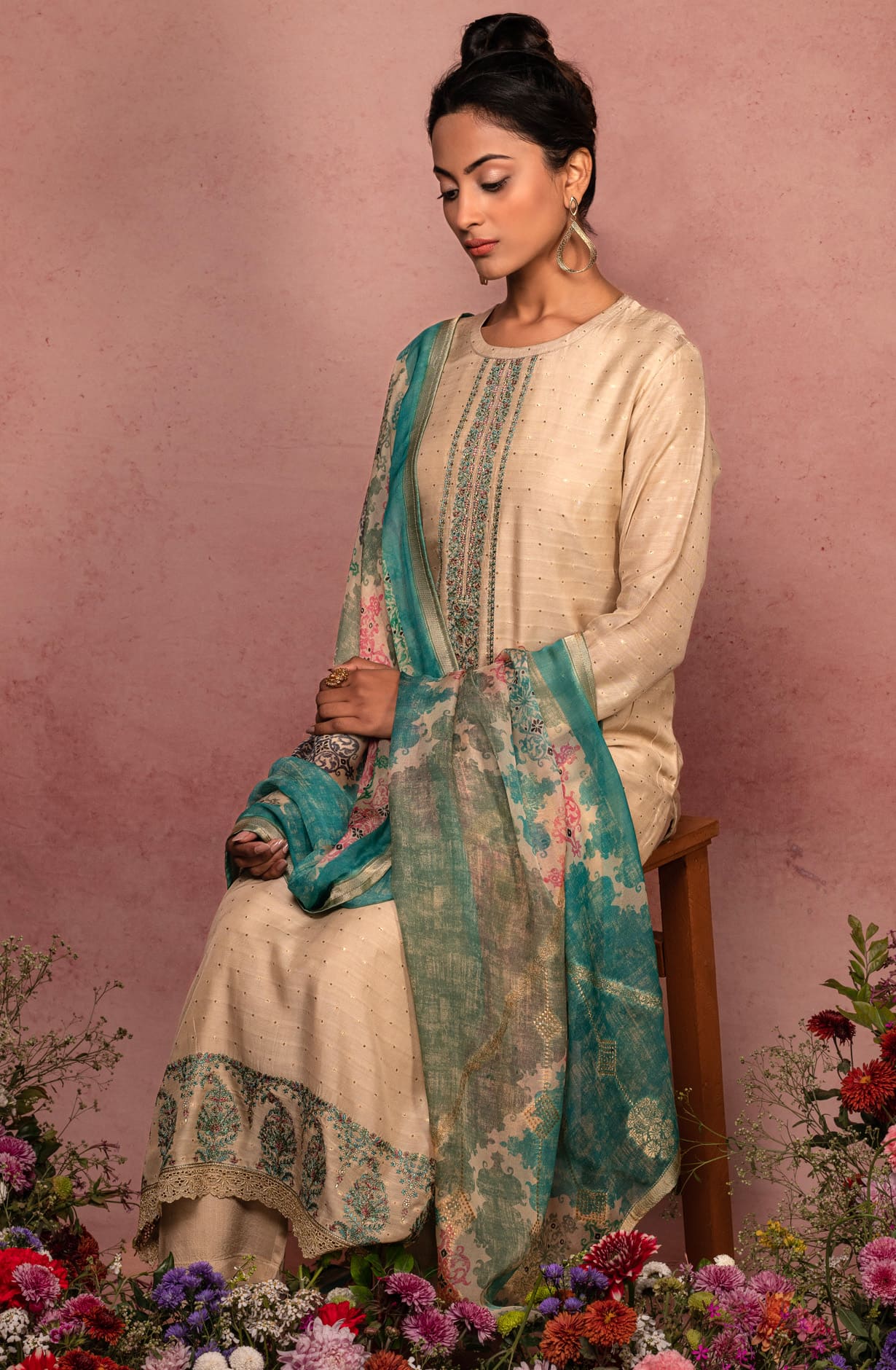 Beige Muslin Designer Zari Dobby Work with Embroidery Salwar Kameez - ARU1728