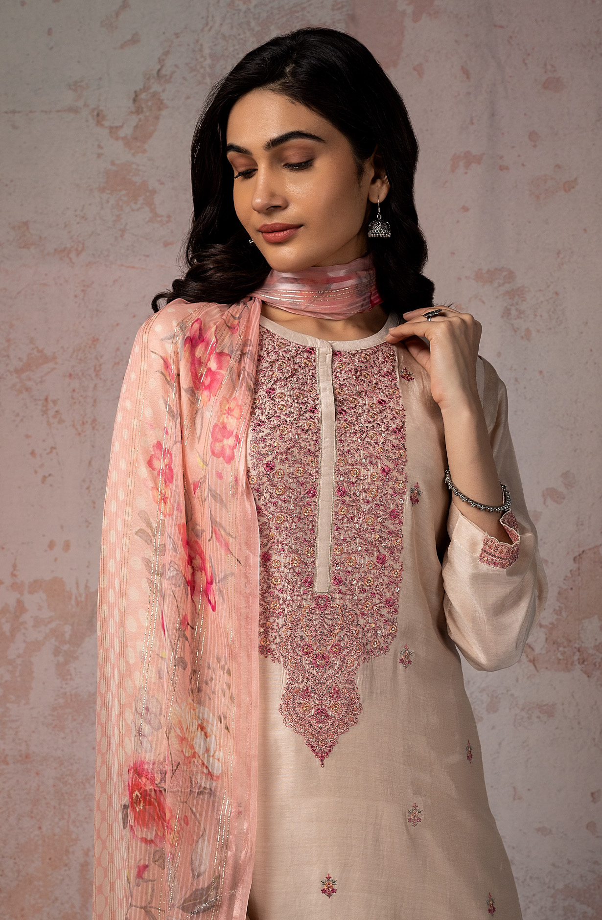 Beige Beautiful Muslin Salwar Suit with Chiffon Dupatta - NIS1891A