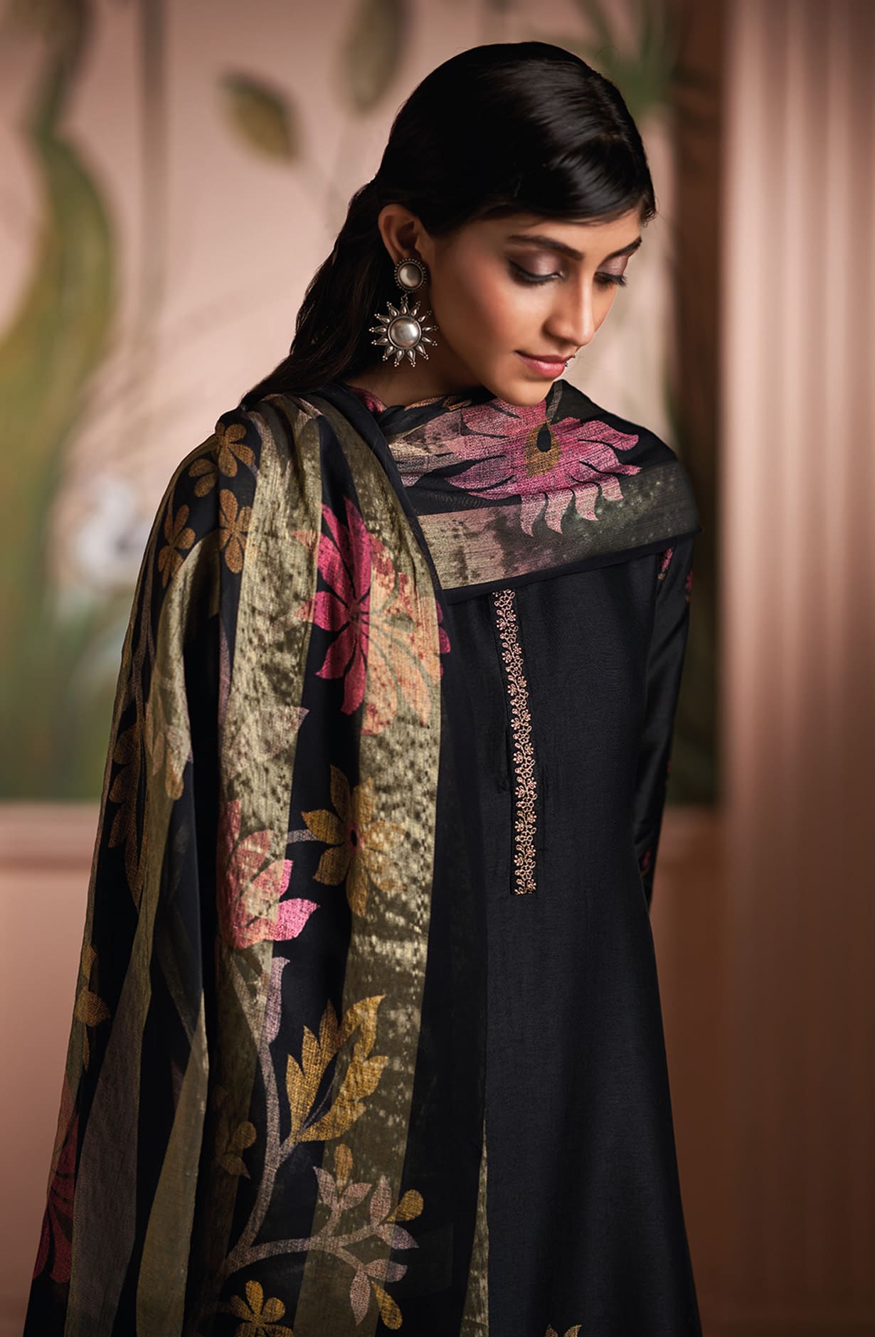 Black Silk Digital Printed Salwar Kameez Suit-set - SHAC1138