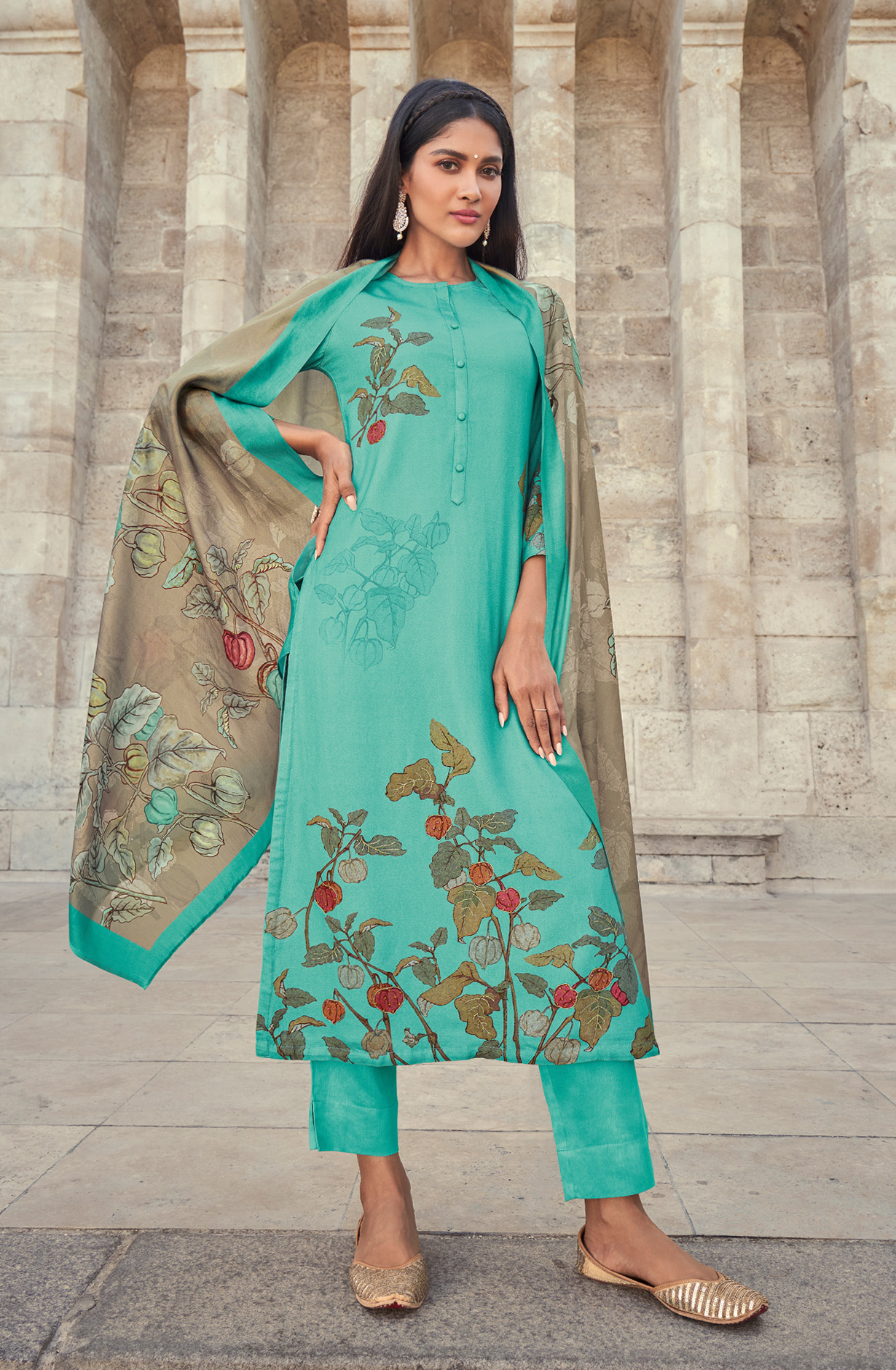Sea Green Spun Digital Printed Winter Wear Salwar Kameez - FIT4562