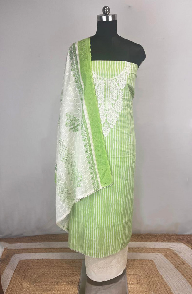Image of Green Printed Cotton Unstitched Suit Set with Dupatta - 983-5457-8C