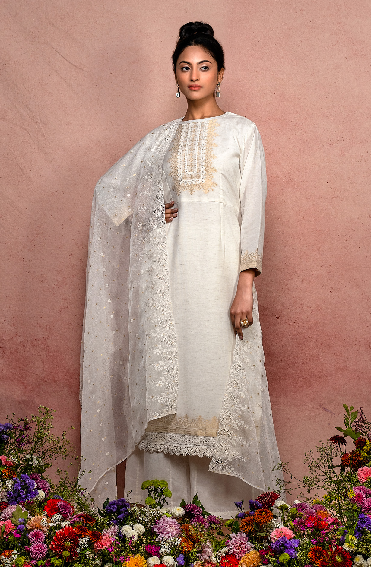 Beautiful Cream Linen Exclusive Embroidery Salwar Suit with Organza Dupatta - TAR1754