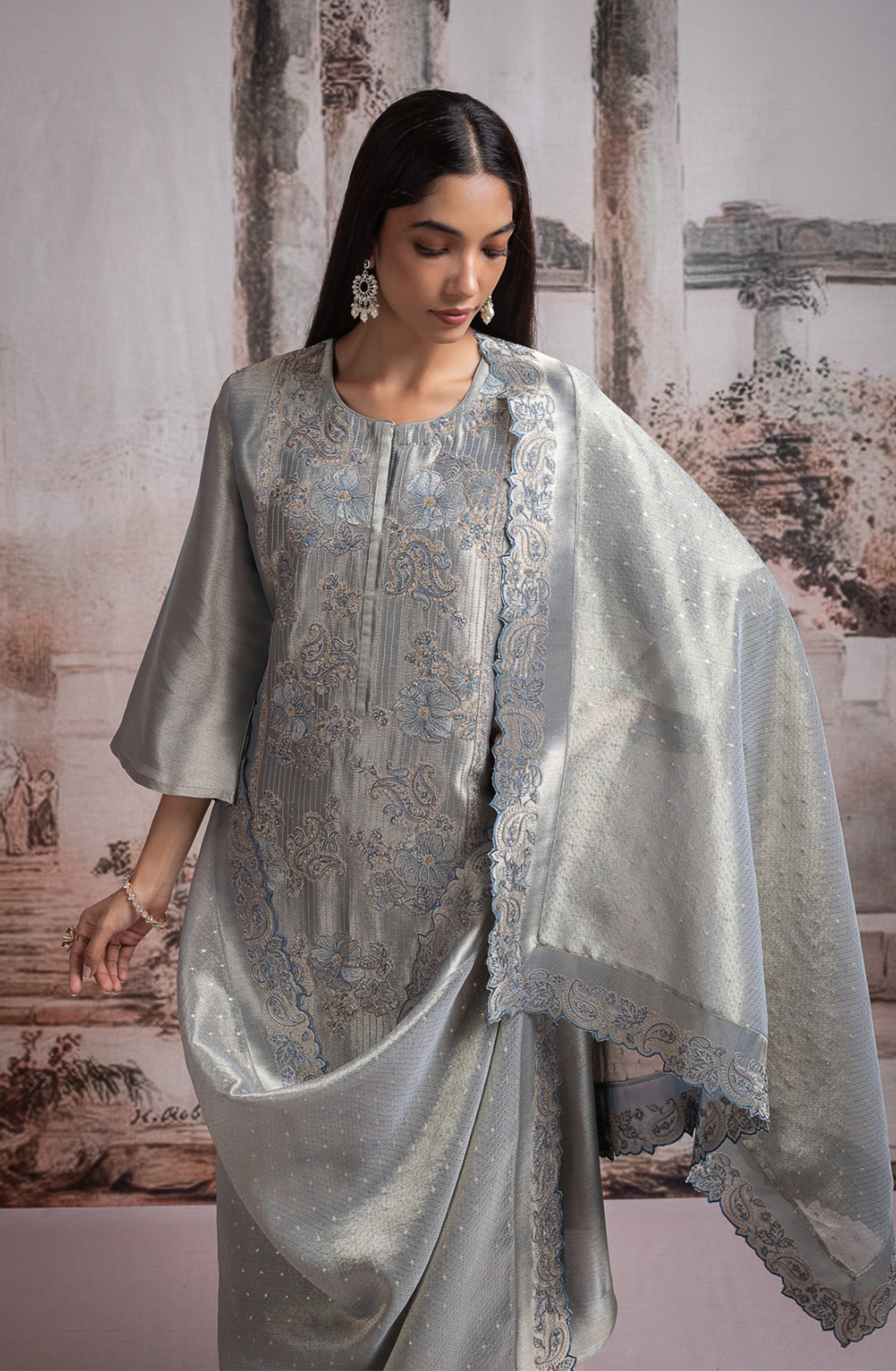 Grey Ziraf silk Unstitched Suit with Beautiful Silk Tissue Dupatta- R157-SPR2470