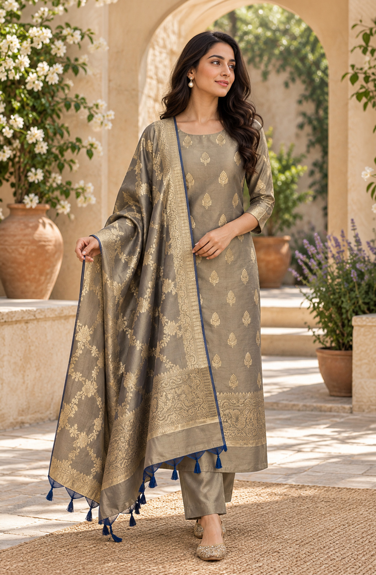 Grey Chanderi Silk Unstitched Suit-Set with Beautiful Dupatta - SVACHN1312-3A